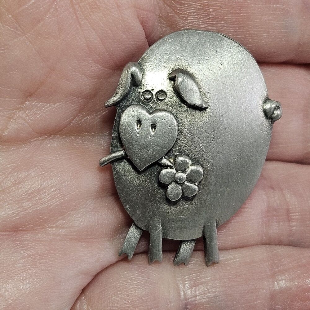 JJ Jonette Vintage Pewter Pig With A Flower In It's Mouth Brooch